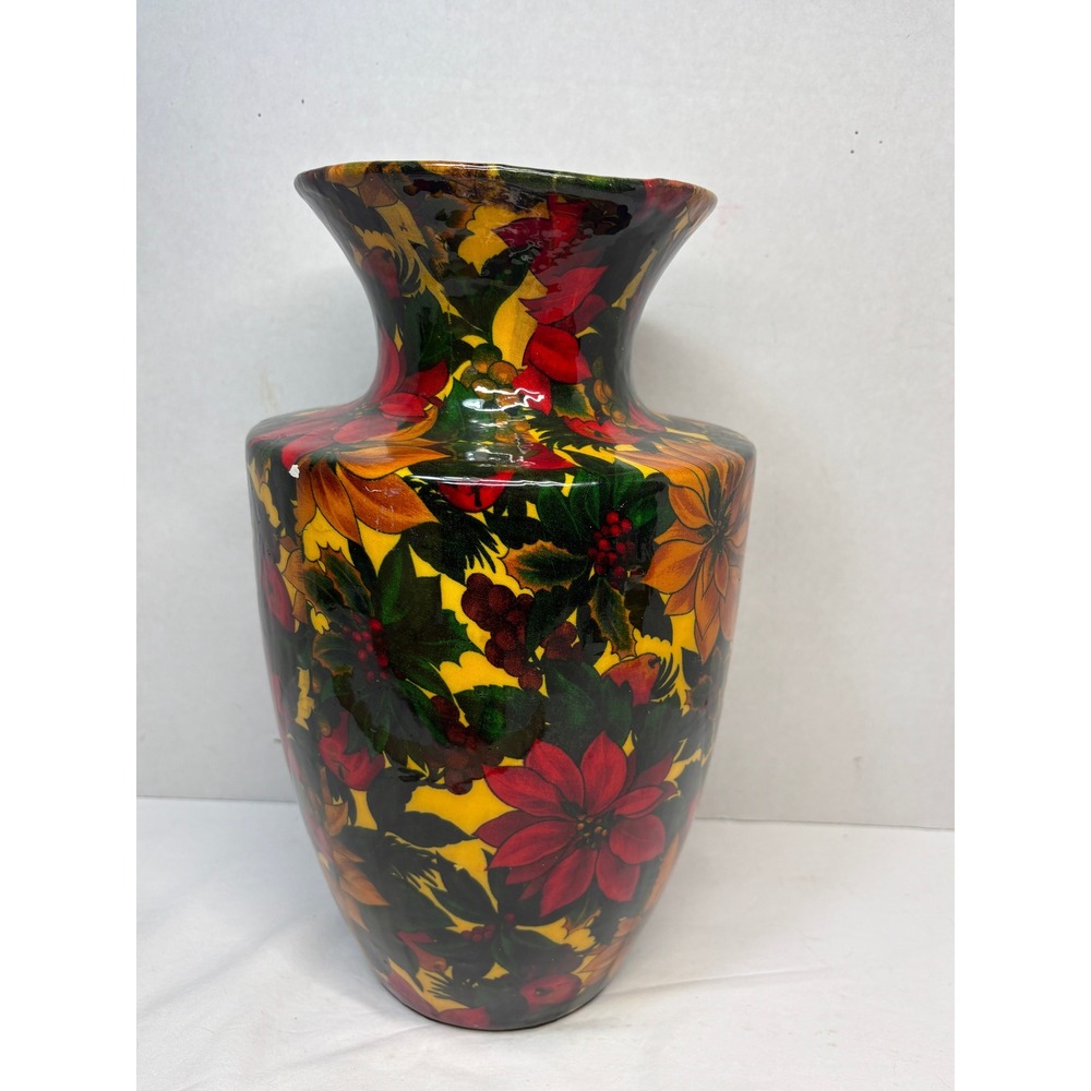 Poinsettia Floral Vase Multicolor Glossy Ceramic 12 Inch Christmas